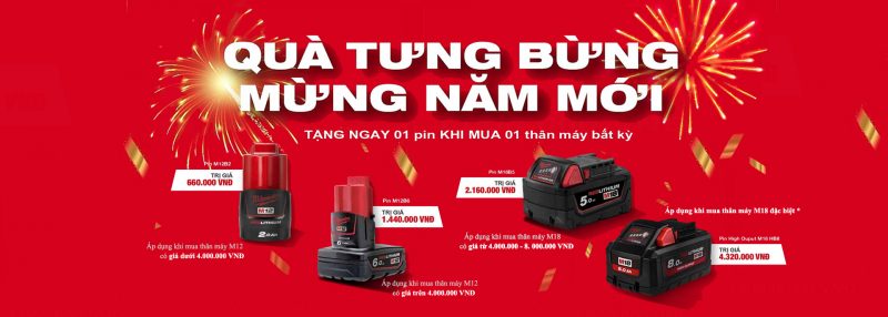 Banner chương trình khuyến mại tặng pin khi mua máy Milwaukee năm 2022